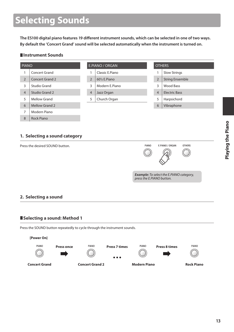 Selecting sounds | Kawai ES100 User Manual | Page 13 / 62