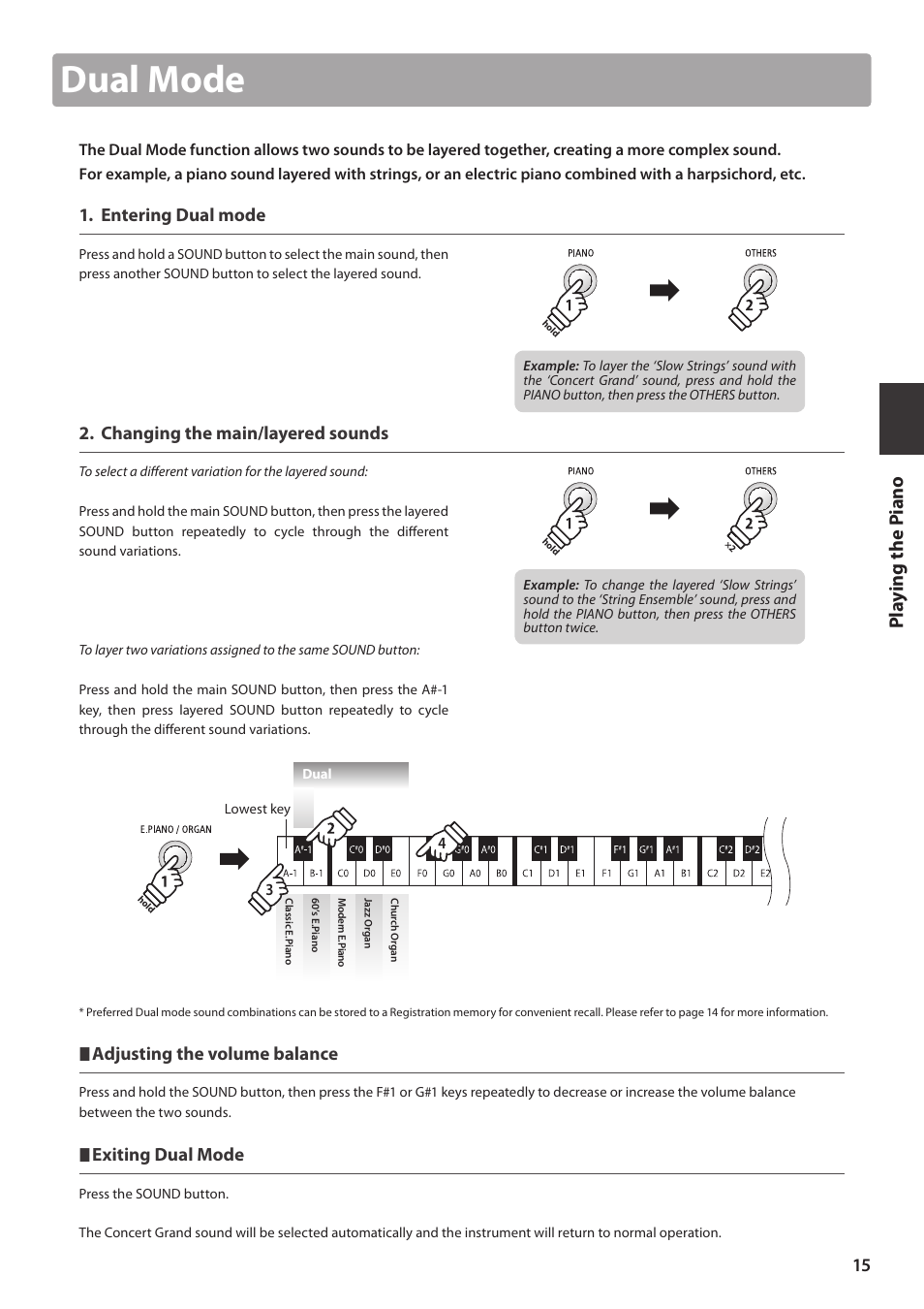 Dual mode, Entering dual mode, Changing the main/layered sounds | Adjusting the volume balance, Exiting dual mode | Kawai ES100 User Manual | Page 15 / 62