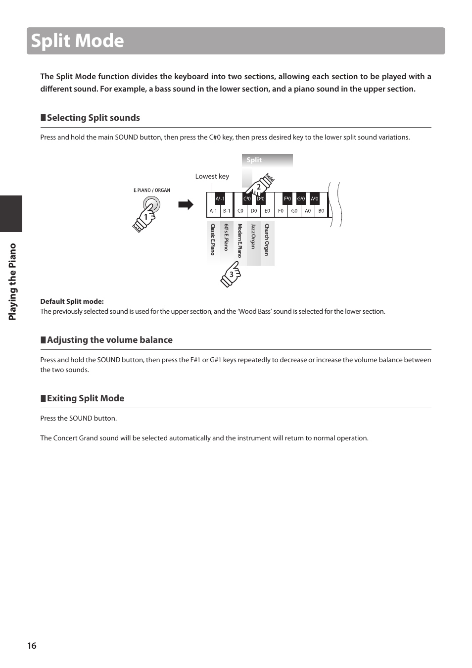 Split mode, Selecting split sounds, Adjusting the volume balance | Exiting split mode | Kawai ES100 User Manual | Page 16 / 62