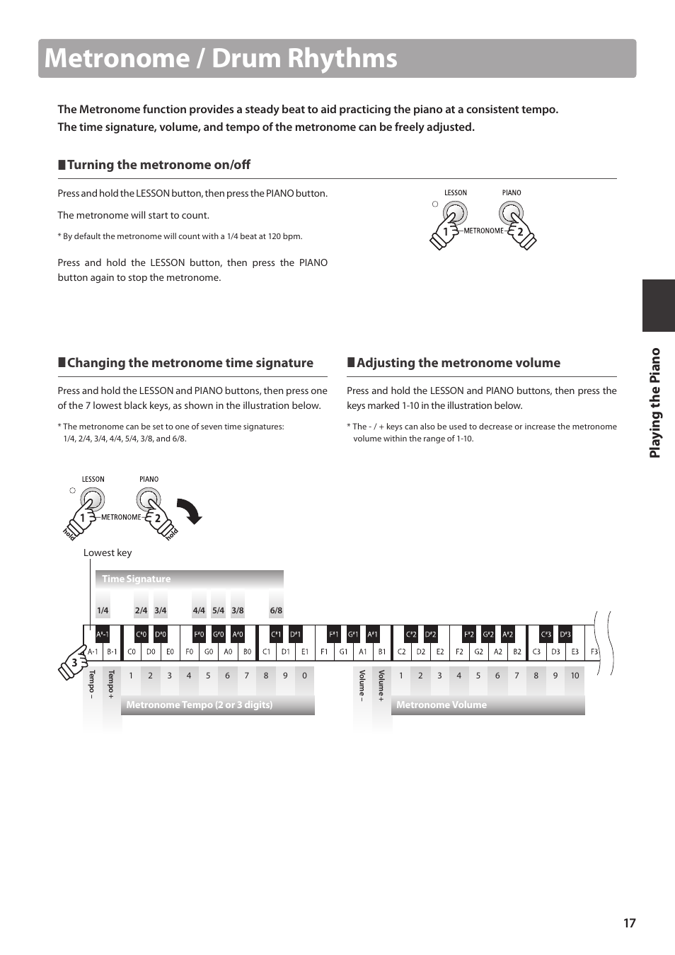 Metronome / drum rhythms, Turning the metronome on/off, Changing the metronome time signature | Adjusting the metronome volume | Kawai ES100 User Manual | Page 17 / 62