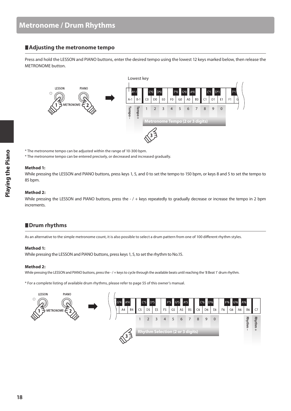 Metronome / drum rhythms, Adjusting the metronome tempo, Drum rhythms | Kawai ES100 User Manual | Page 18 / 62