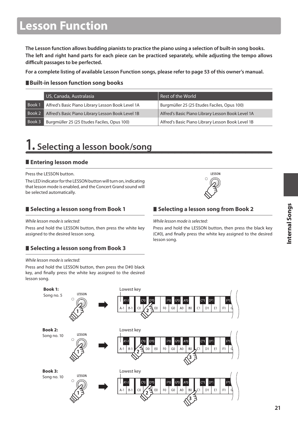 Lesson function, Selecting a lesson book/song, Internal songs | Kawai ES100 User Manual | Page 21 / 62