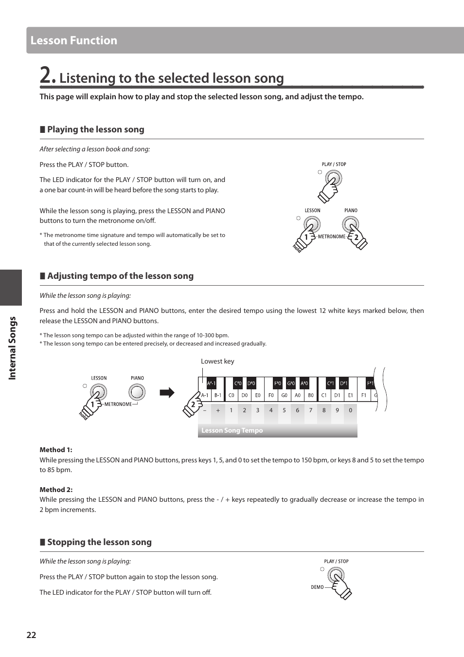 Listening to the selected lesson song, Lesson function, Internal songs | Playing the lesson song, Adjusting tempo of the lesson song, Stopping the lesson song | Kawai ES100 User Manual | Page 22 / 62