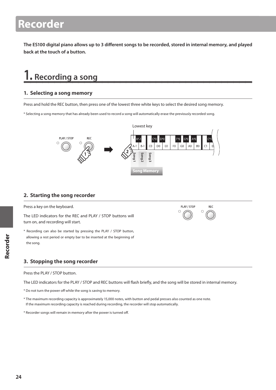 Recorder, Recording a song, Rec ord e r | Kawai ES100 User Manual | Page 24 / 62