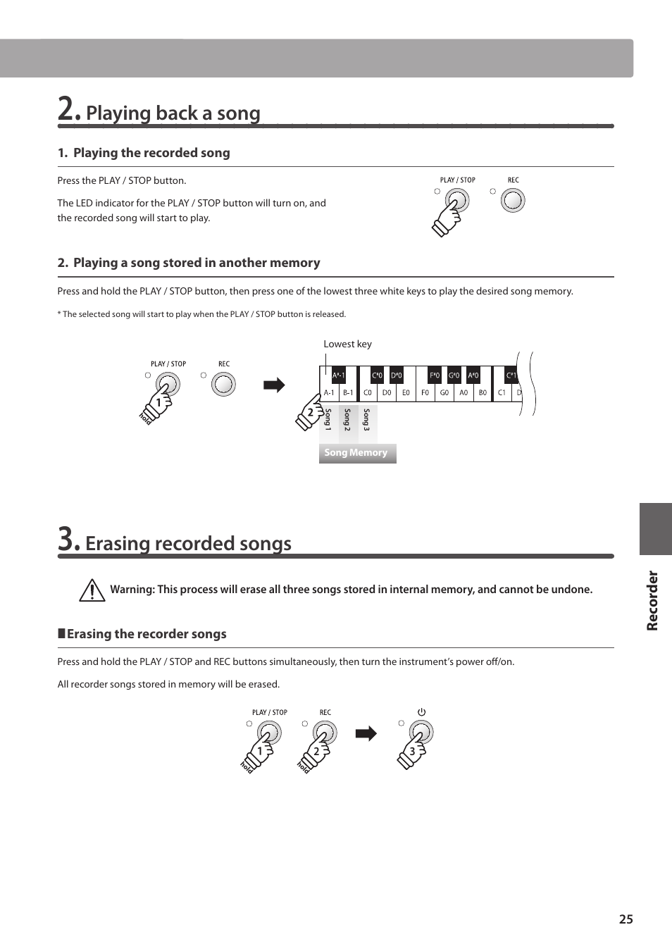 Playing back a song, Erasing recorded songs | Kawai ES100 User Manual | Page 25 / 62