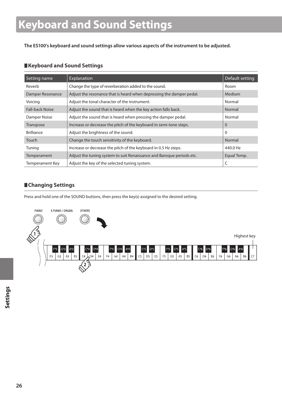 Keyboard and sound settings, Set tings, Changing settings | Kawai ES100 User Manual | Page 26 / 62