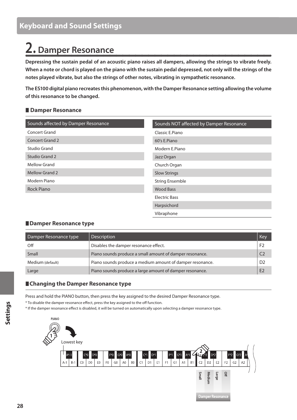 Damper resonance, Keyboard and sound settings, Set tings | Kawai ES100 User Manual | Page 28 / 62