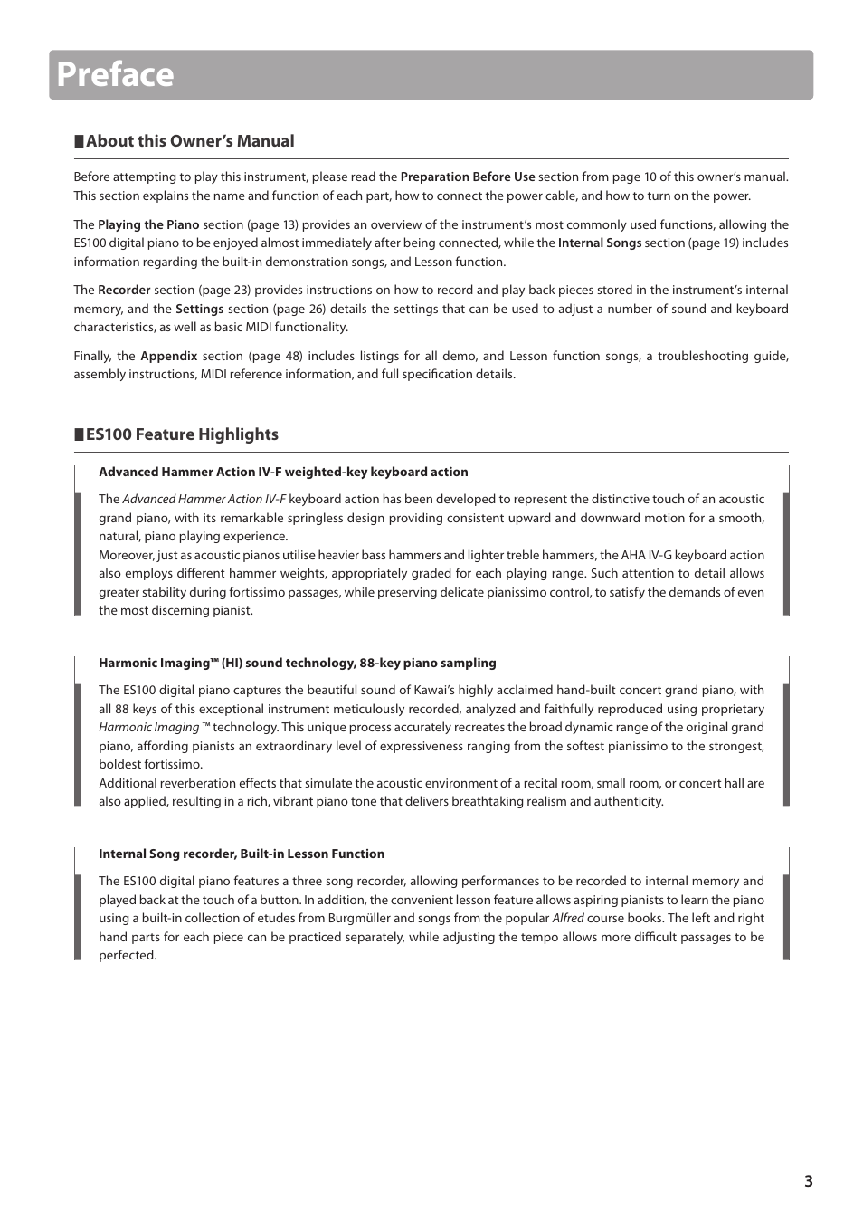 Preface, About this owner’s manual, Es100 feature highlights | Kawai ES100 User Manual | Page 3 / 62