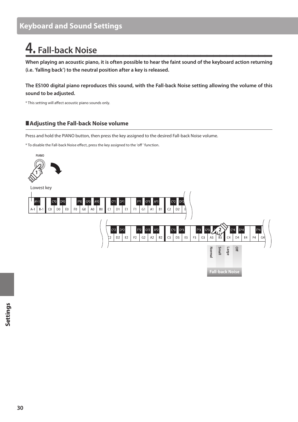 Fall-back noise, Keyboard and sound settings | Kawai ES100 User Manual | Page 30 / 62