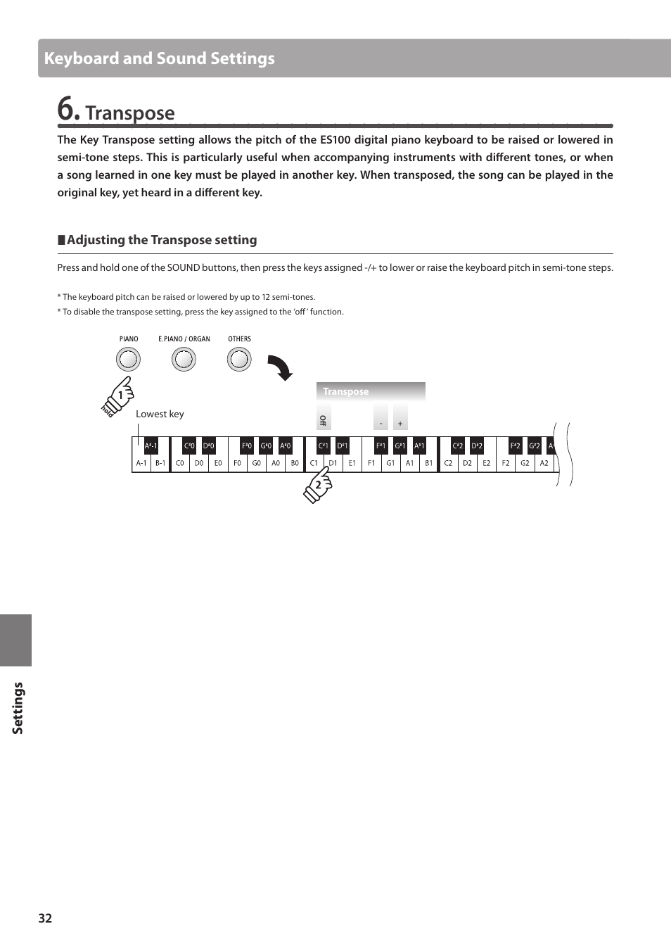 Transpose, Keyboard and sound settings | Kawai ES100 User Manual | Page 32 / 62