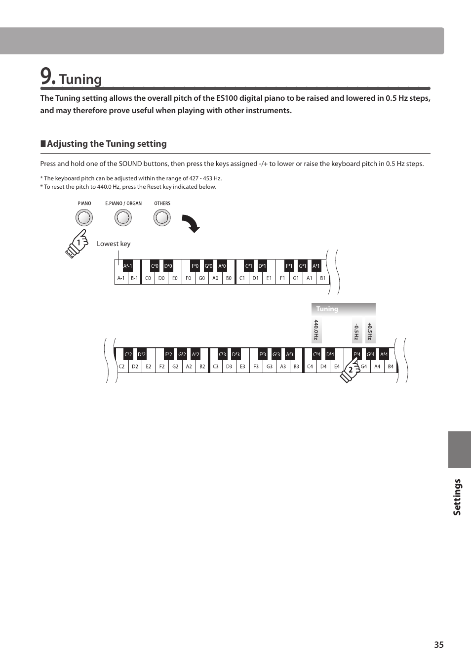 Tuning, Set tings | Kawai ES100 User Manual | Page 35 / 62