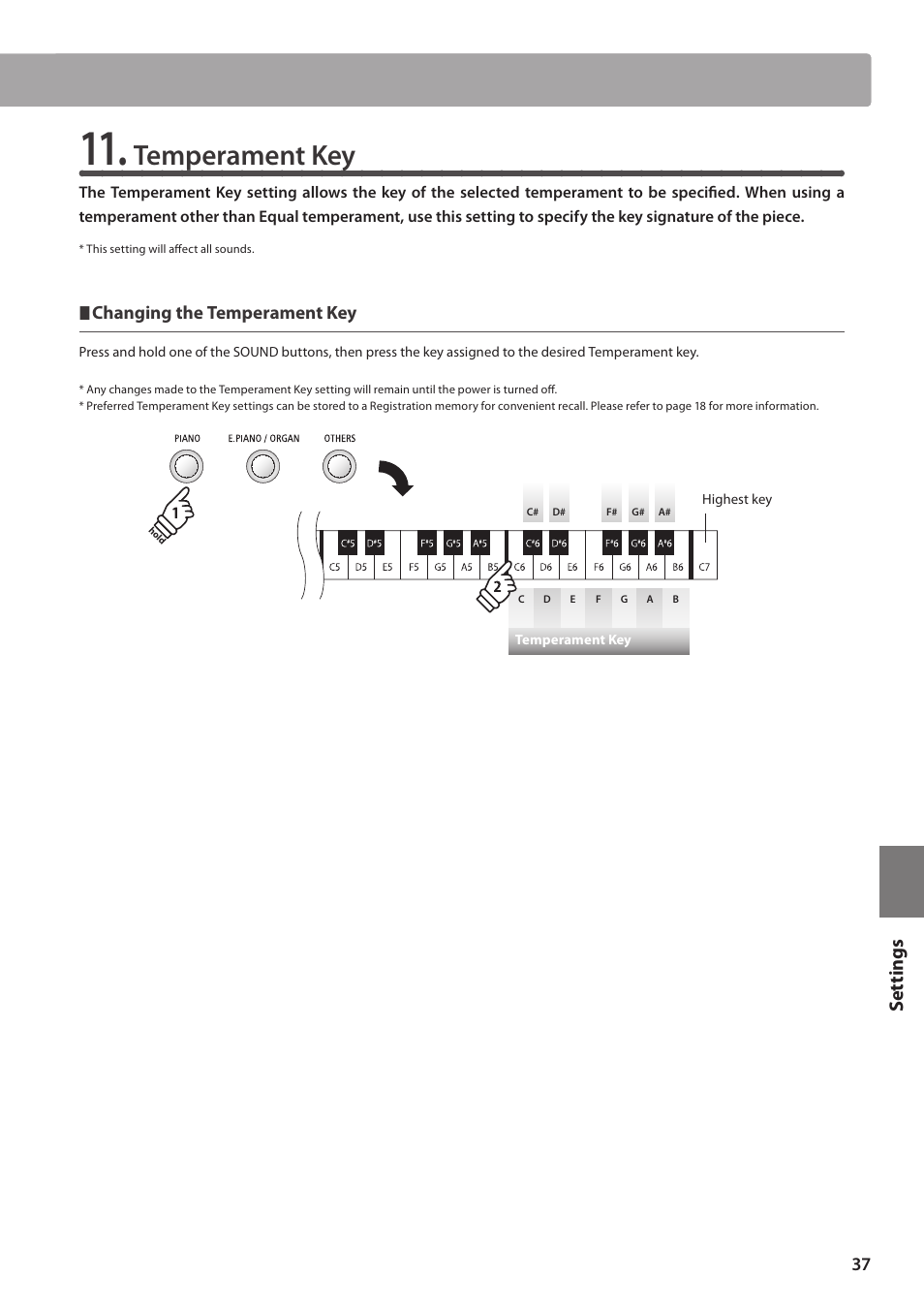 Temperament key, Set tings | Kawai ES100 User Manual | Page 37 / 62