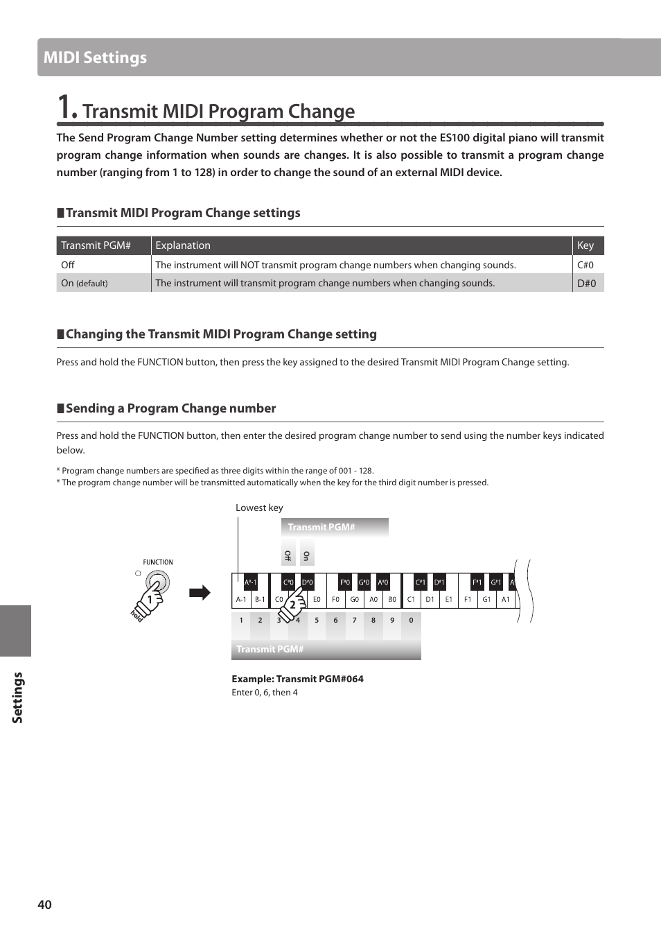 Transmit midi program change, Midi settings, Set tings | Kawai ES100 User Manual | Page 40 / 62