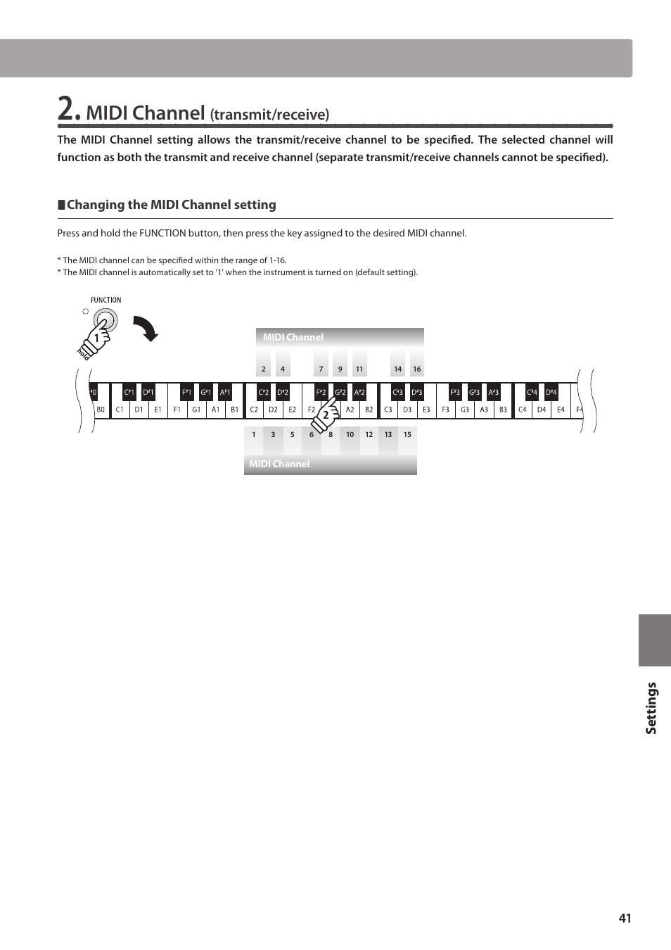 Midi channel, Transmit/receive), Set tings | Changing the midi channel setting | Kawai ES100 User Manual | Page 41 / 62