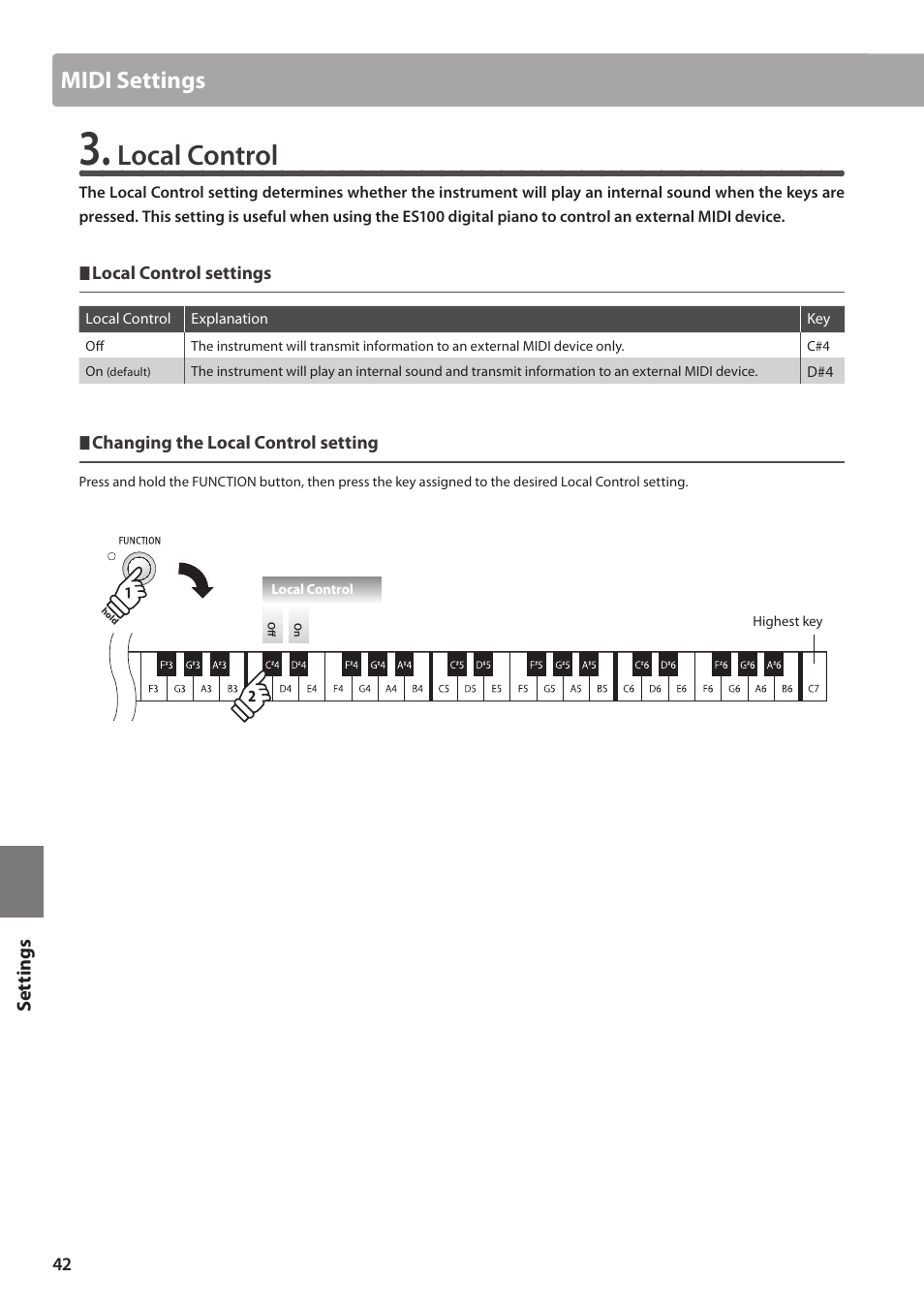 Local control, Midi settings | Kawai ES100 User Manual | Page 42 / 62