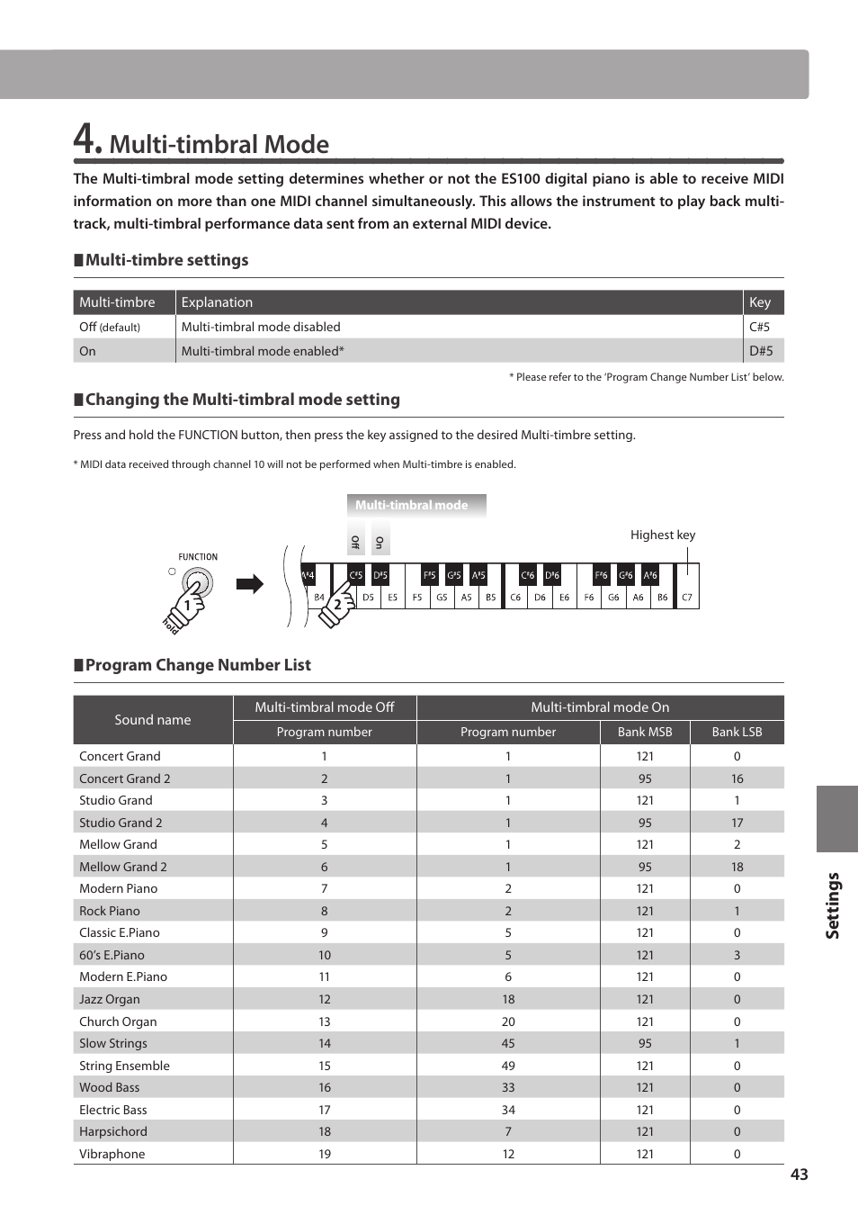 Multi-timbral mode, Set tings, Multi-timbre settings | Changing the multi-timbral mode setting, Program change number list | Kawai ES100 User Manual | Page 43 / 62