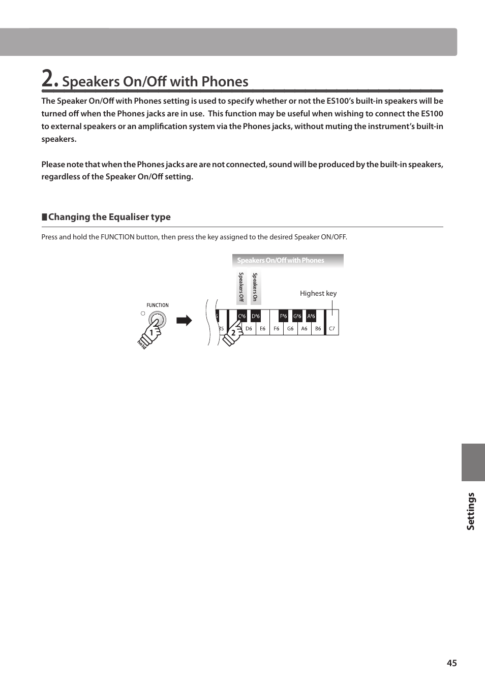 Speakers on/off with phones, Set tings | Kawai ES100 User Manual | Page 45 / 62