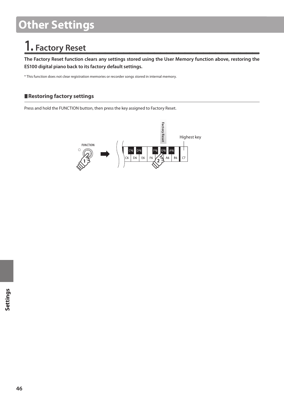 Other settings, Factory reset | Kawai ES100 User Manual | Page 46 / 62