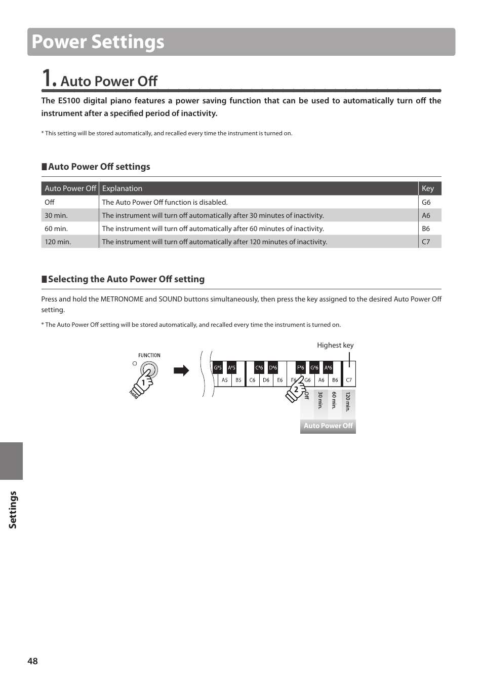 Power settings, Auto power off, Set tings | Kawai ES100 User Manual | Page 48 / 62