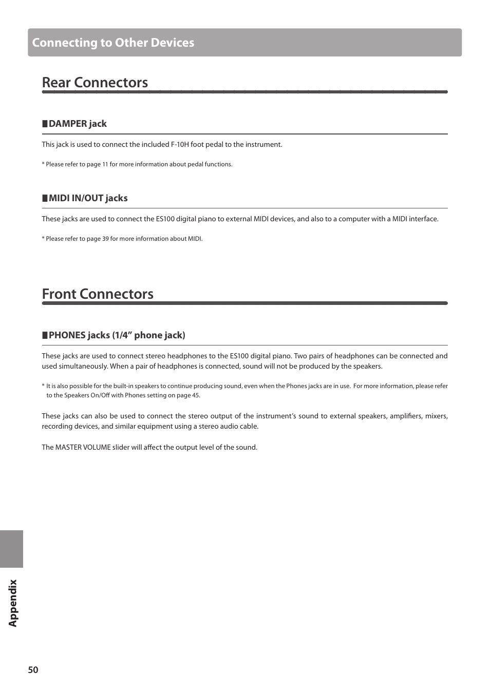 Rear connectors, Front connectors, Connecting to other devices | Kawai ES100 User Manual | Page 50 / 62