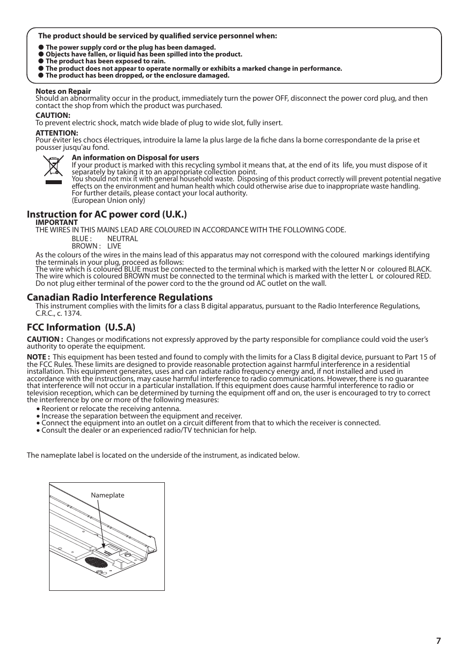 Instruction for ac power cord (u.k.), Canadian radio interference regulations, Fcc information (u.s.a) | Kawai ES100 User Manual | Page 7 / 62