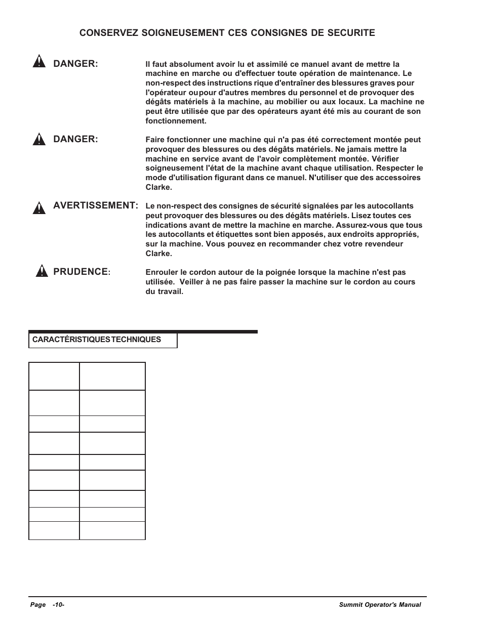 Danger, Avertissement, Prudence | Clarke SUMMIT Wet/Dry Vacuum User Manual | Page 10 / 28