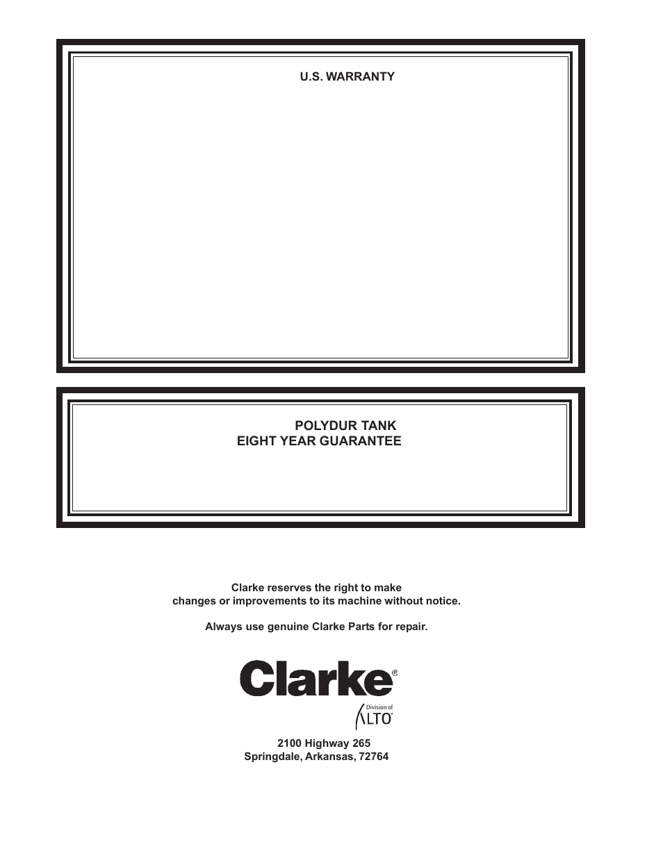Clarke technology warranty, Clarke, Polydur tank eight year guarantee | Clarke SUMMIT Wet/Dry Vacuum User Manual | Page 28 / 28