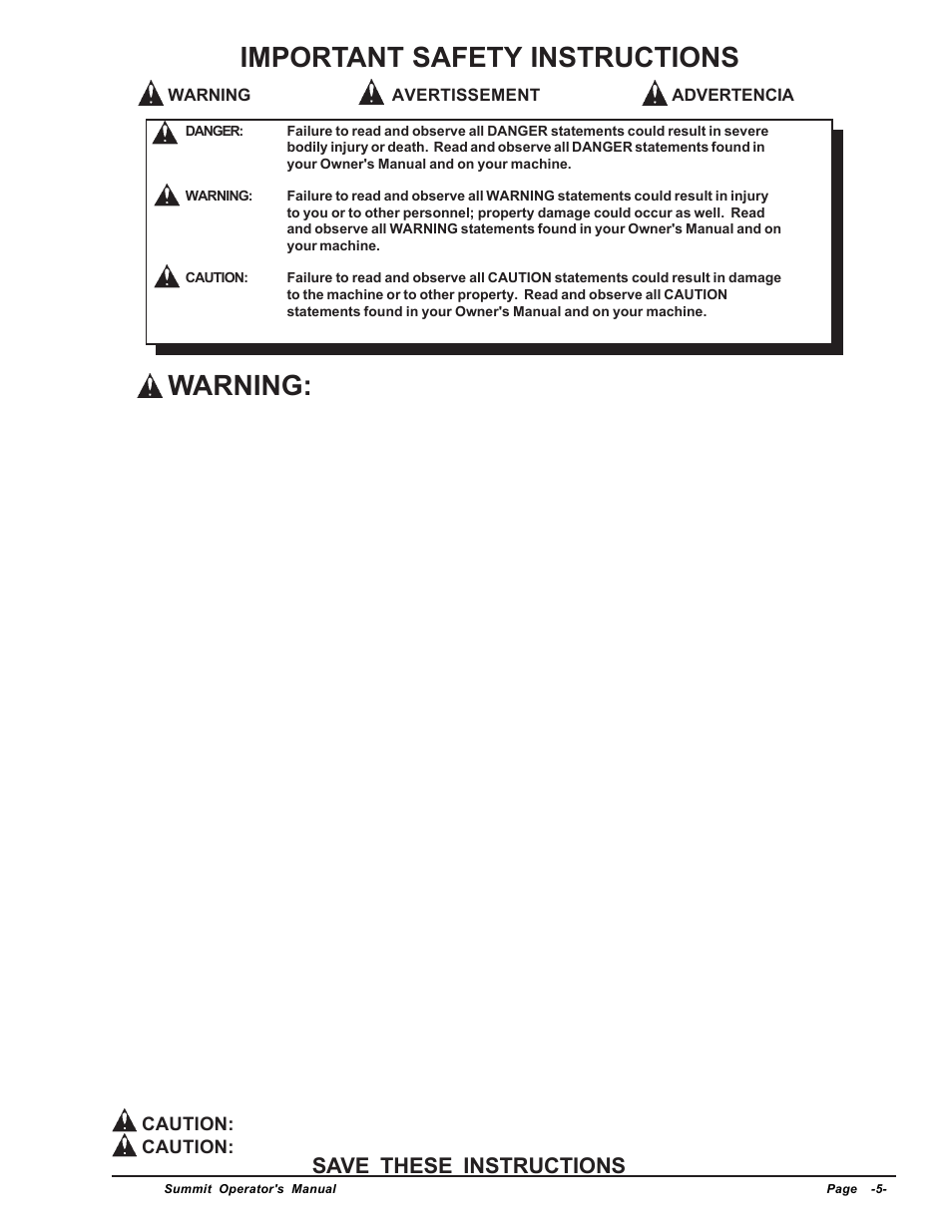 Important safety instructions, Warning, Save these instructions | Clarke SUMMIT Wet/Dry Vacuum User Manual | Page 5 / 28