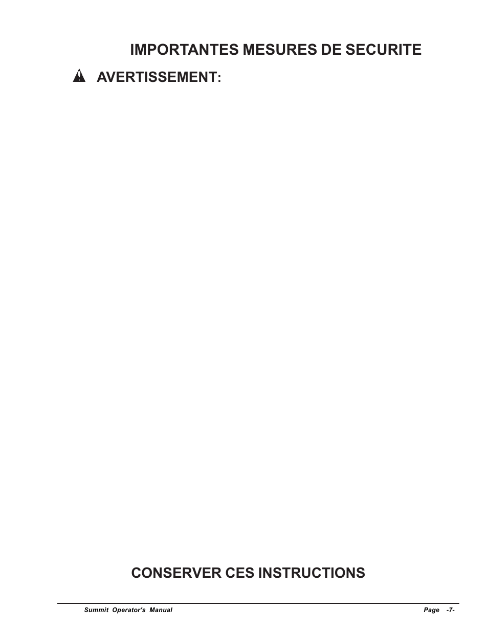 Importantes mesures de securite, Avertissement, Conserver ces instructions | Clarke SUMMIT Wet/Dry Vacuum User Manual | Page 7 / 28