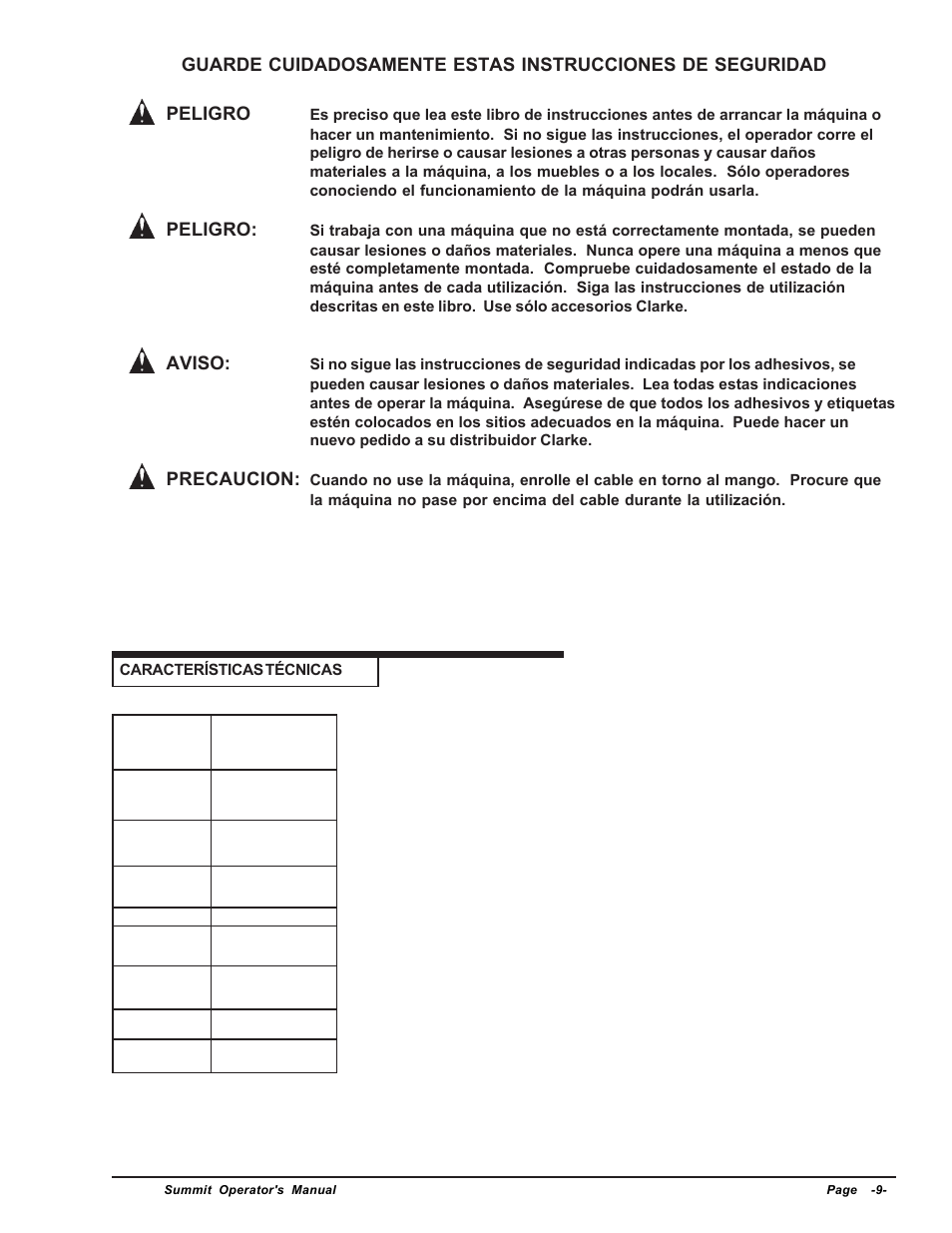 Peligro, Aviso, Precaucion | Clarke SUMMIT Wet/Dry Vacuum User Manual | Page 9 / 28