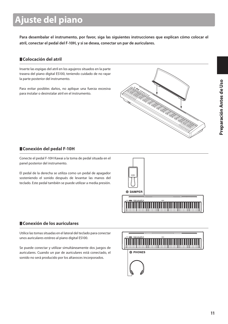 Ajuste del piano | Kawai ES100 User Manual | Page 11 / 62