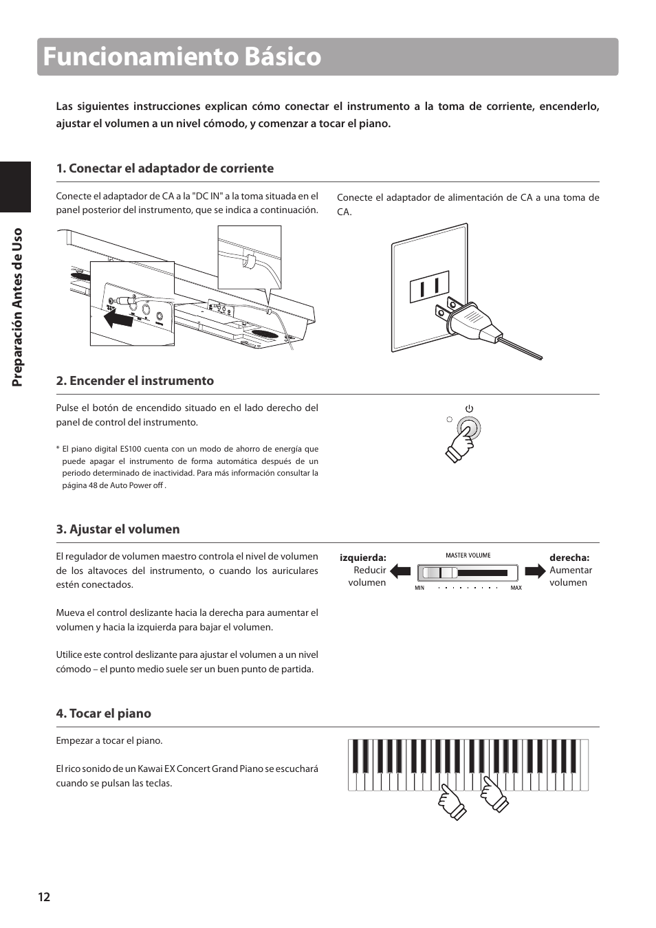 Funcionamiento básico | Kawai ES100 User Manual | Page 12 / 62