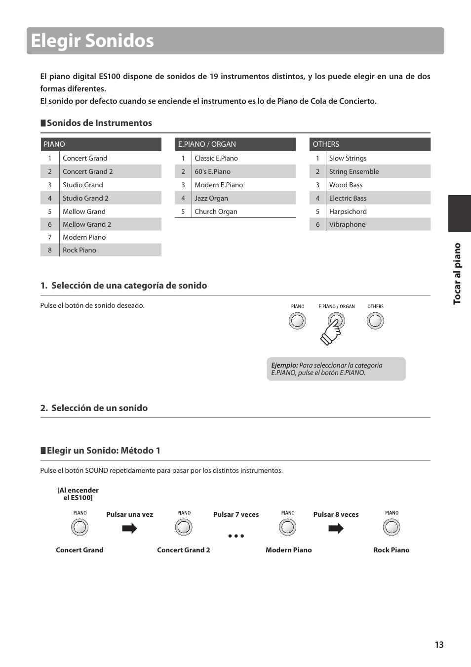 Elegir sonidos | Kawai ES100 User Manual | Page 13 / 62