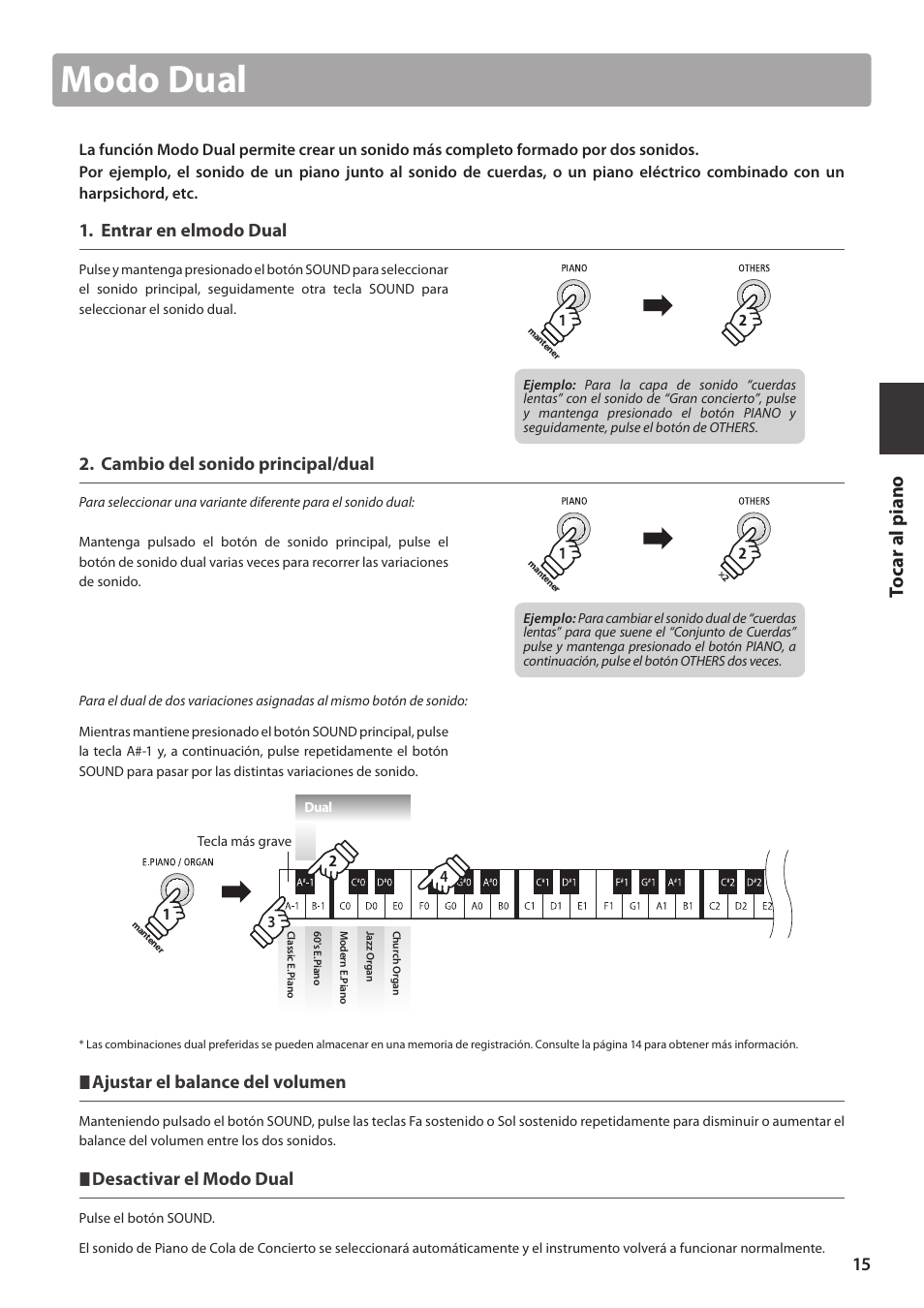 Modo dual, Entrar en elmodo dual, Cambio del sonido principal/dual | Ajustar el balance del volumen, Desactivar el modo dual | Kawai ES100 User Manual | Page 15 / 62