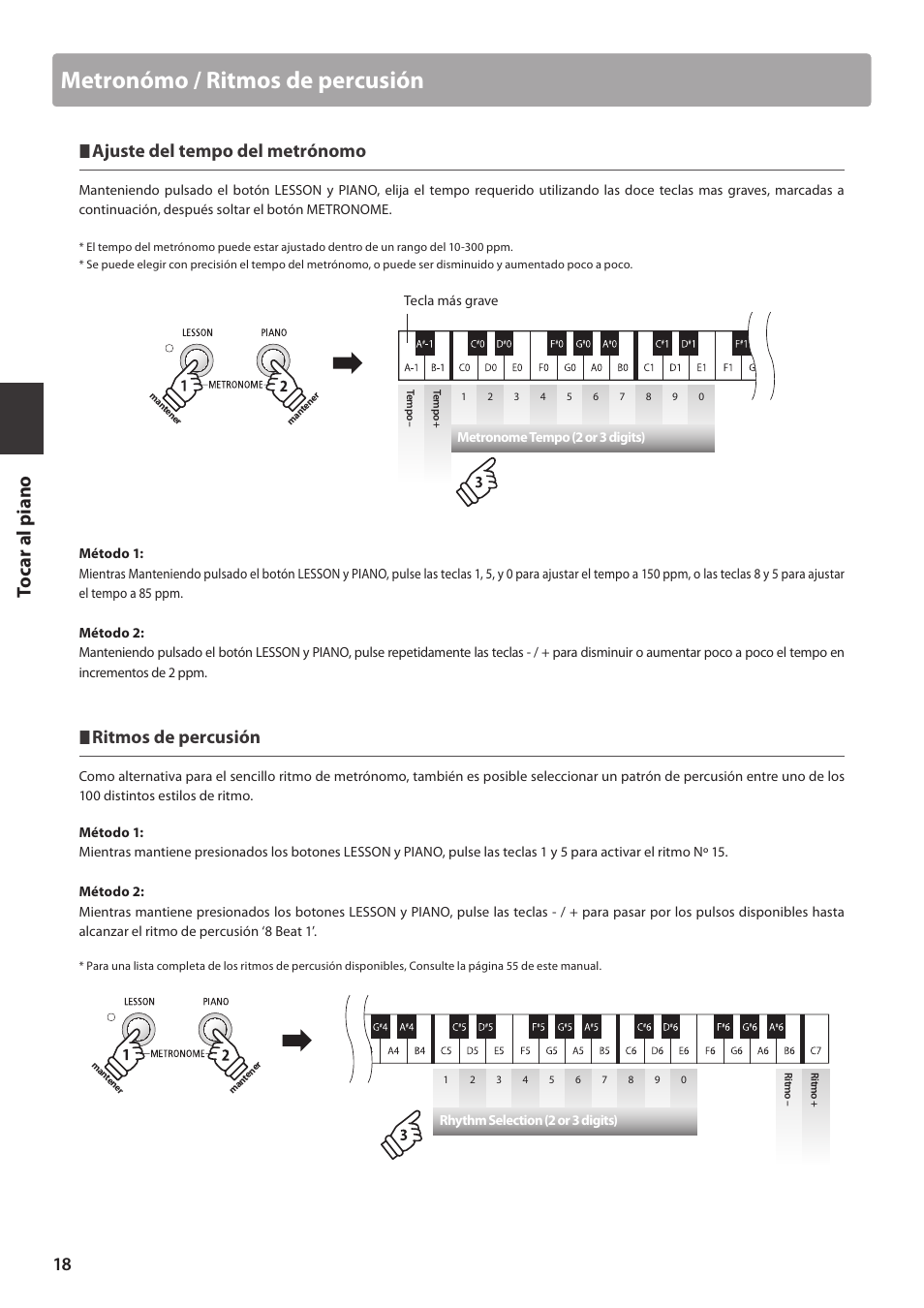 Metronómo / ritmos de percusión, Ajuste del tempo del metrónomo, Ritmos de percusión | Kawai ES100 User Manual | Page 18 / 62