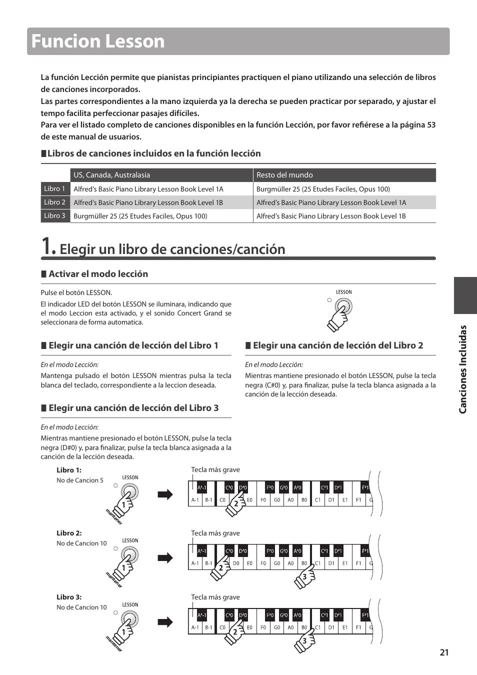 Funcion lesson, Elegir un libro de canciones/canción | Kawai ES100 User Manual | Page 21 / 62