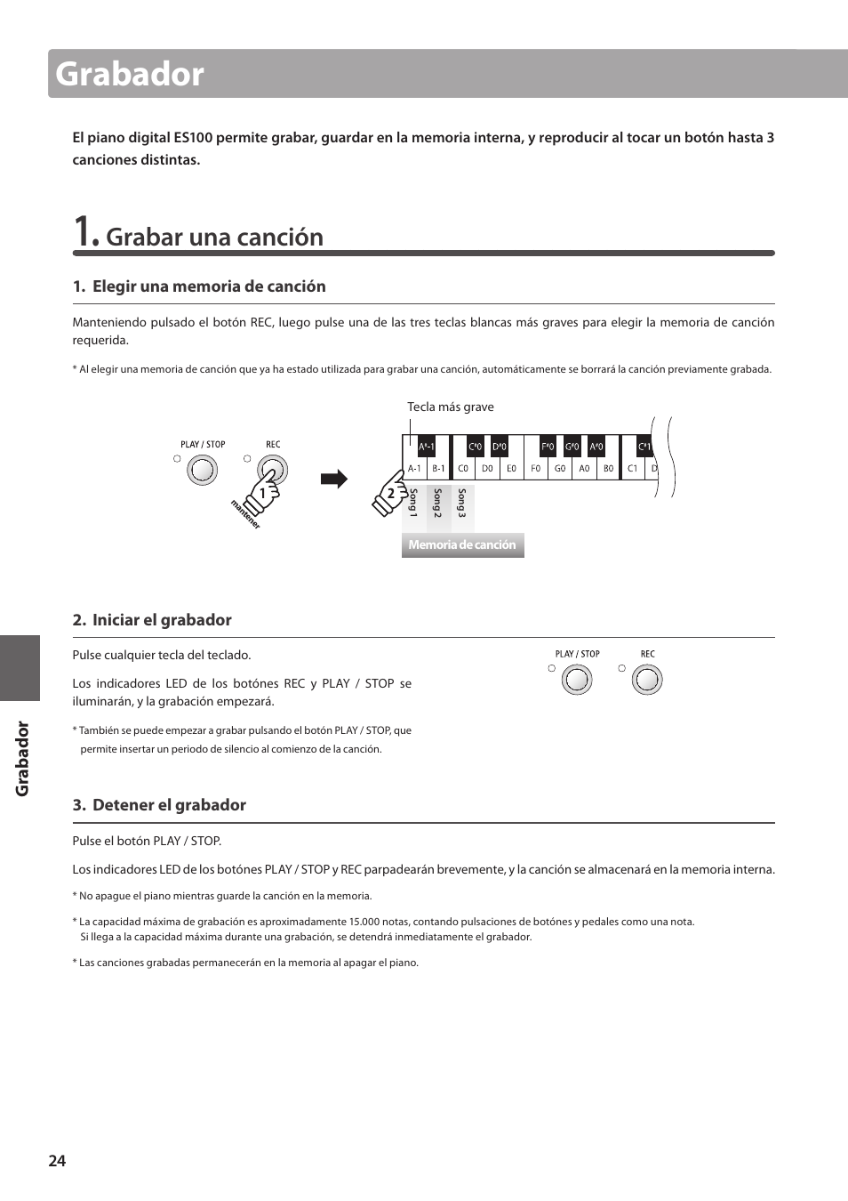 Grabador, Grabar una canción | Kawai ES100 User Manual | Page 24 / 62