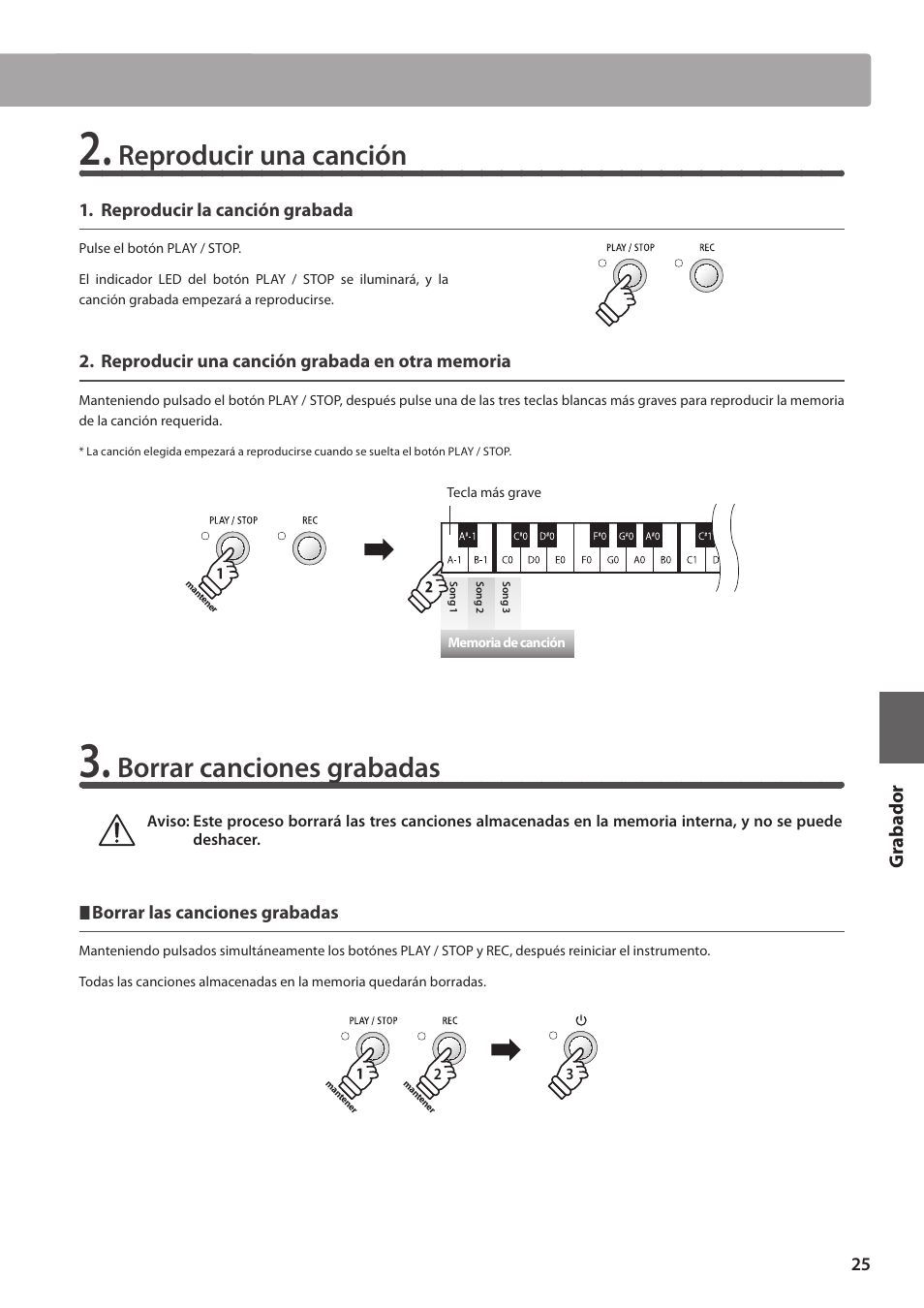 Reproducir una canción, Borrar canciones grabadas | Kawai ES100 User Manual | Page 25 / 62