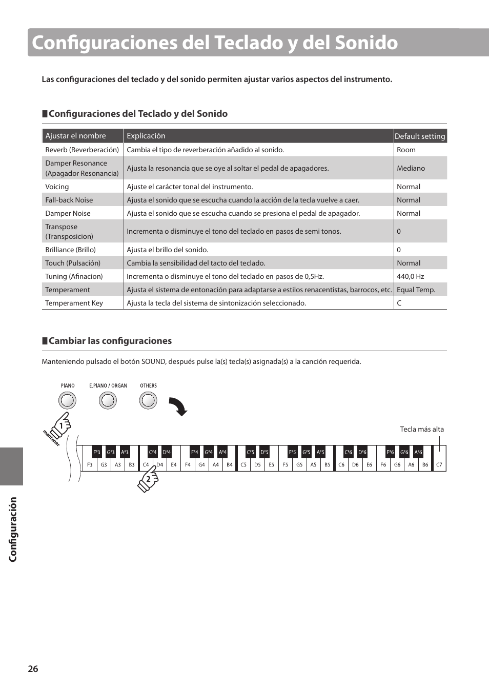 Configuración, Configuraciones del teclado y del sonido, Cambiar las configuraciones | Kawai ES100 User Manual | Page 26 / 62