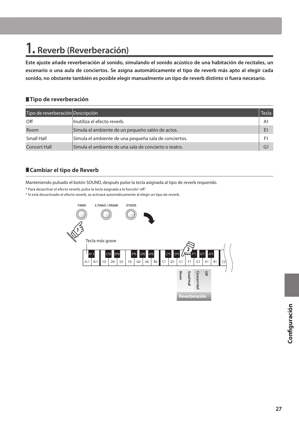 Reverb (reverberación), Configuración | Kawai ES100 User Manual | Page 27 / 62