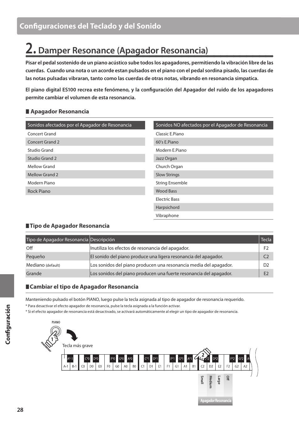 Damper resonance (apagador resonancia), Configuraciones del teclado y del sonido, Configuración | Kawai ES100 User Manual | Page 28 / 62