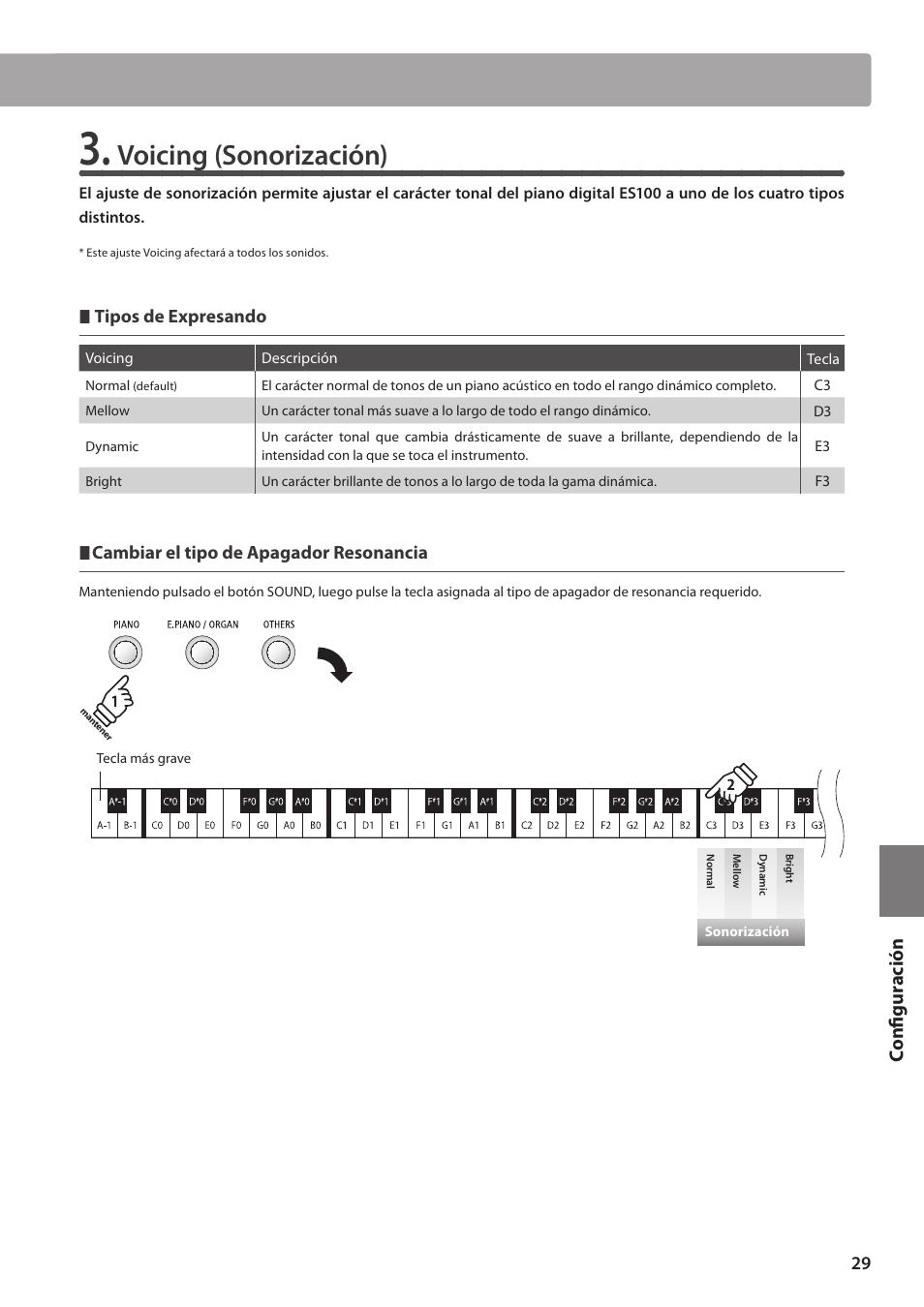 Voicing (sonorización), Configuración | Kawai ES100 User Manual | Page 29 / 62