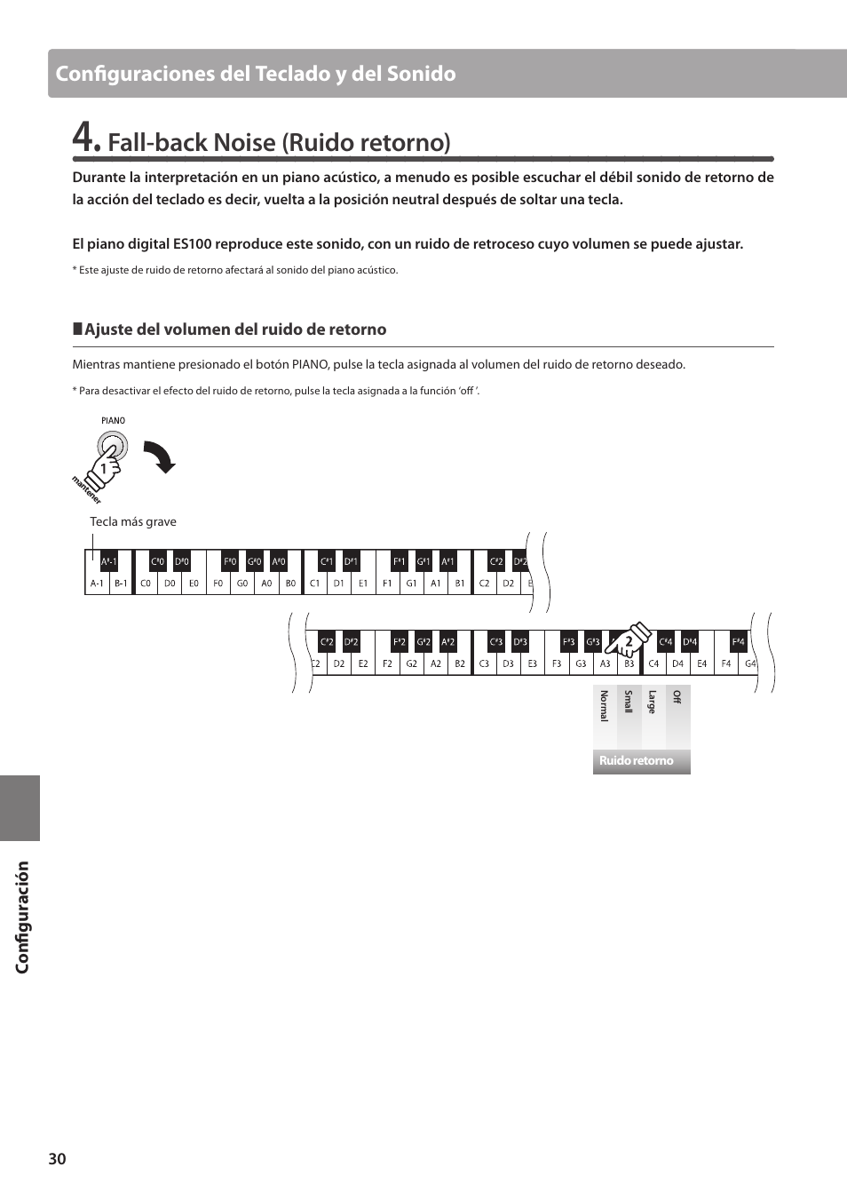 Fall-back noise (ruido retorno), Configuraciones del teclado y del sonido | Kawai ES100 User Manual | Page 30 / 62