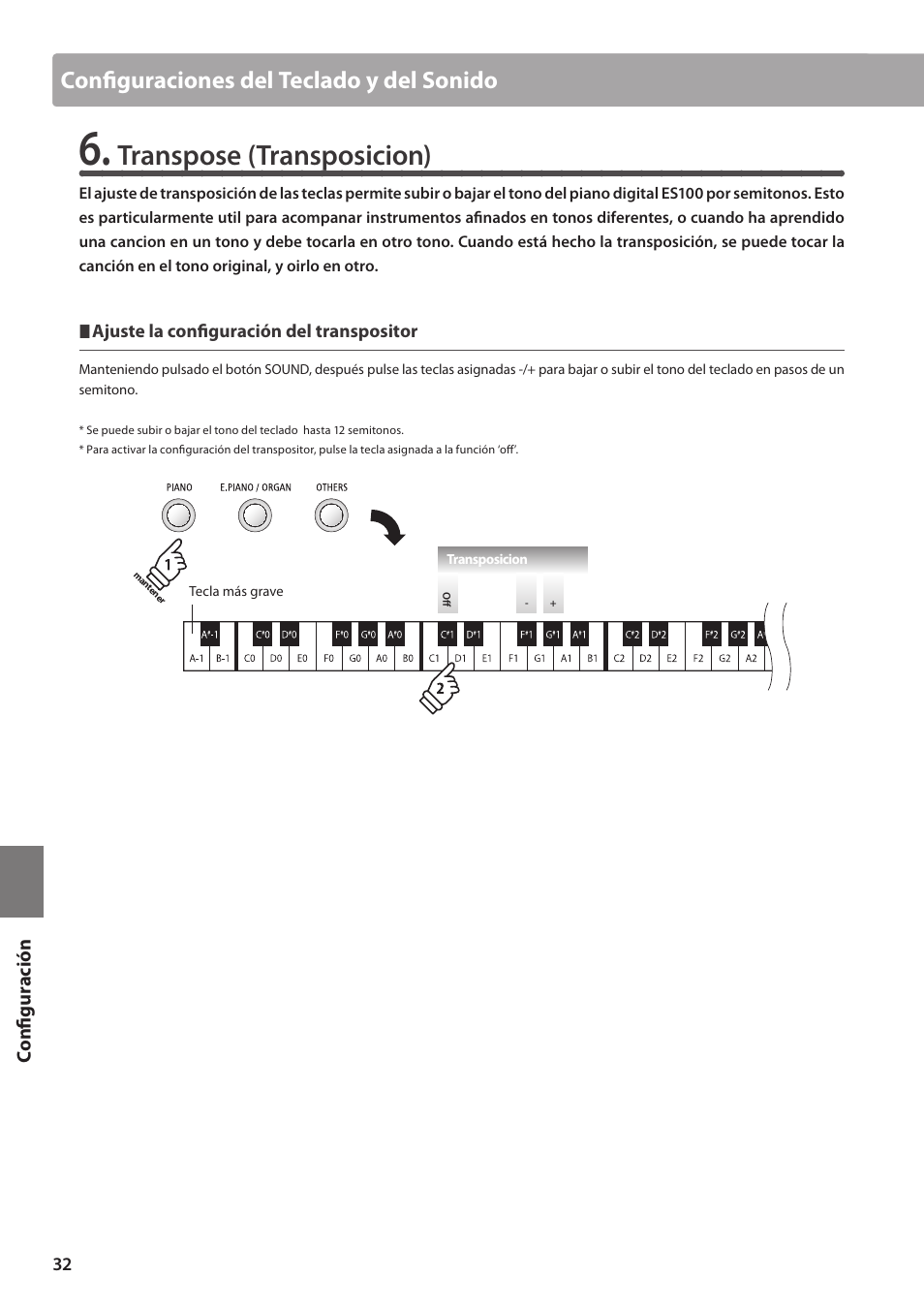 Transpose (transposicion), Configuraciones del teclado y del sonido | Kawai ES100 User Manual | Page 32 / 62