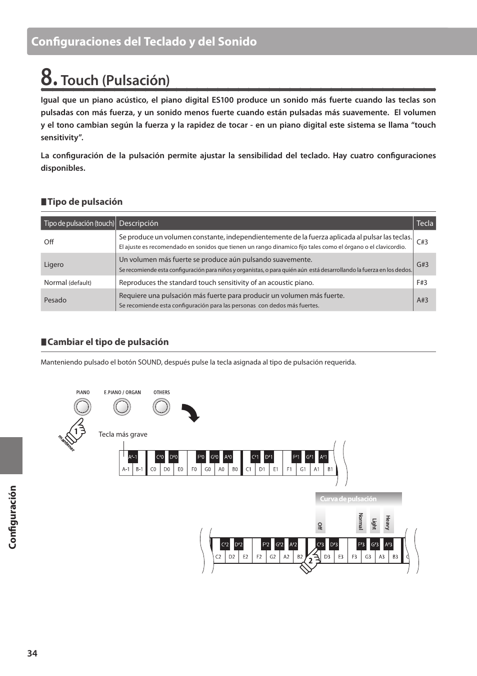 Touch (pulsación), Configuraciones del teclado y del sonido, Configuración | Kawai ES100 User Manual | Page 34 / 62