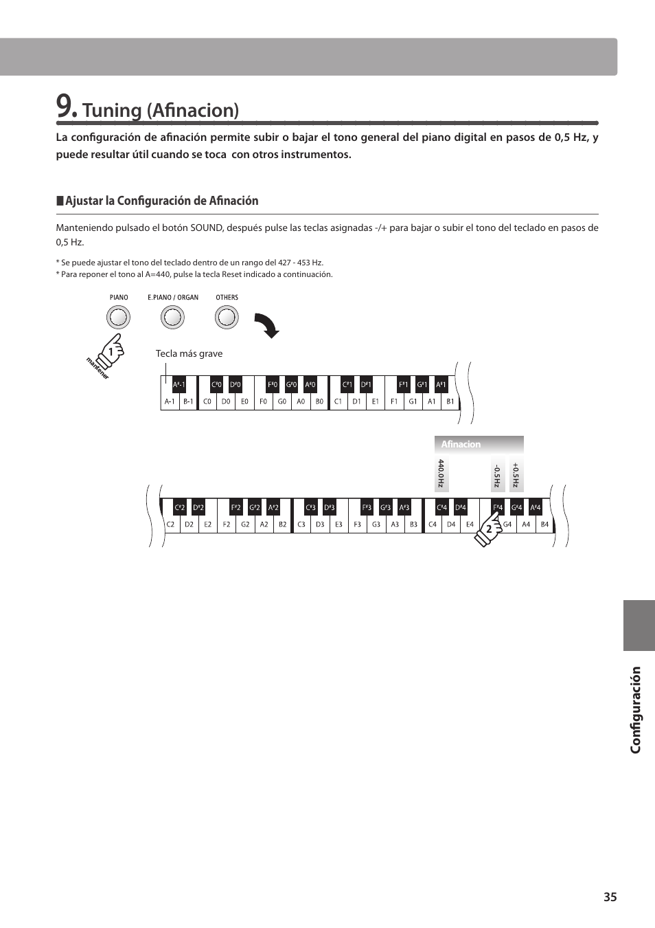 Tuning (afinacion), Configuración, Ajustar la configuración de afinación | Kawai ES100 User Manual | Page 35 / 62