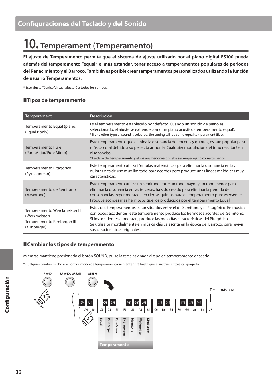 Temperament (temperamento), Configuraciones del teclado y del sonido, Configuración | Tipos de temperamento, Cambiar los tipos de temperamento | Kawai ES100 User Manual | Page 36 / 62