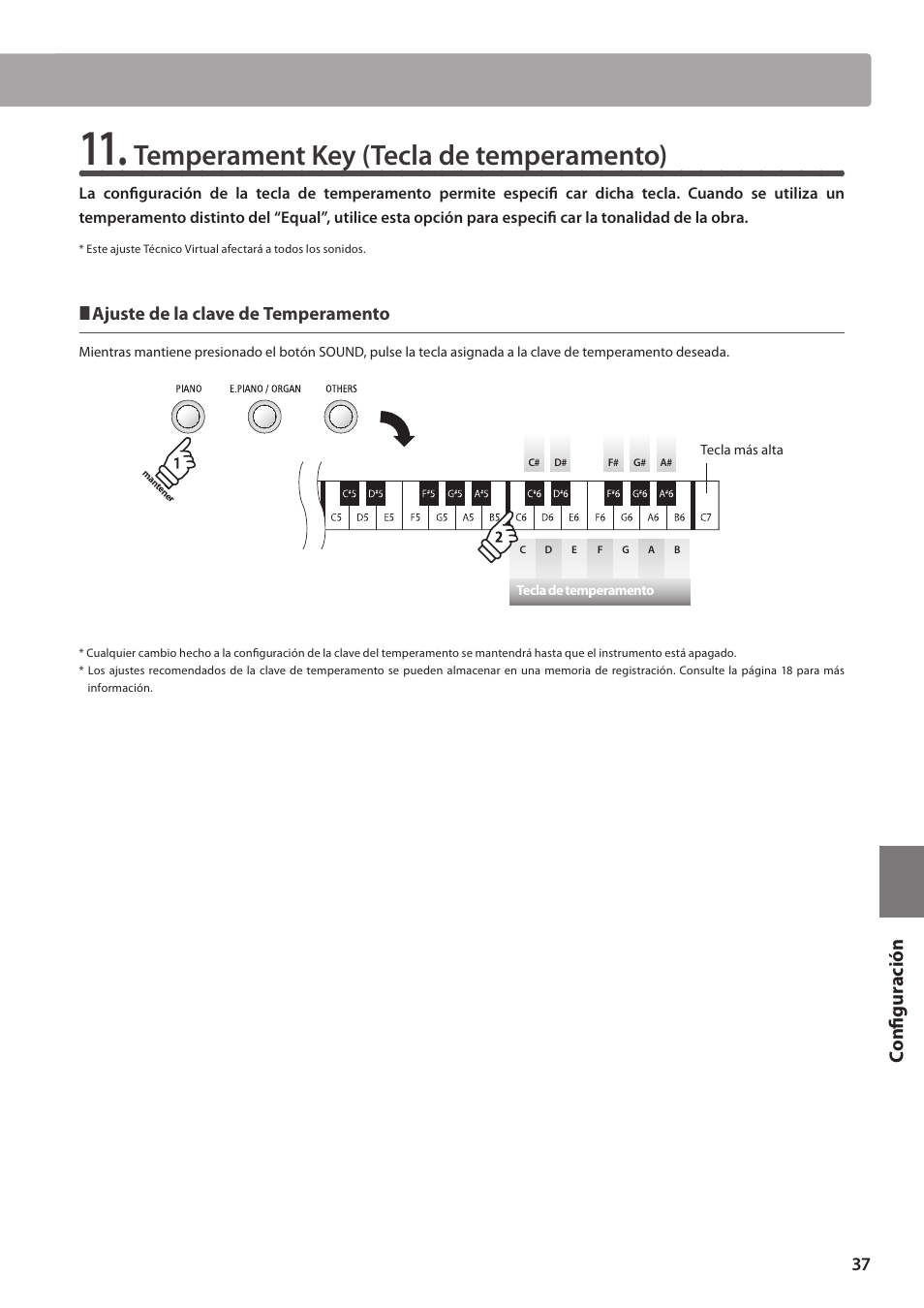 Temperament key (tecla de temperamento), Configuración | Kawai ES100 User Manual | Page 37 / 62