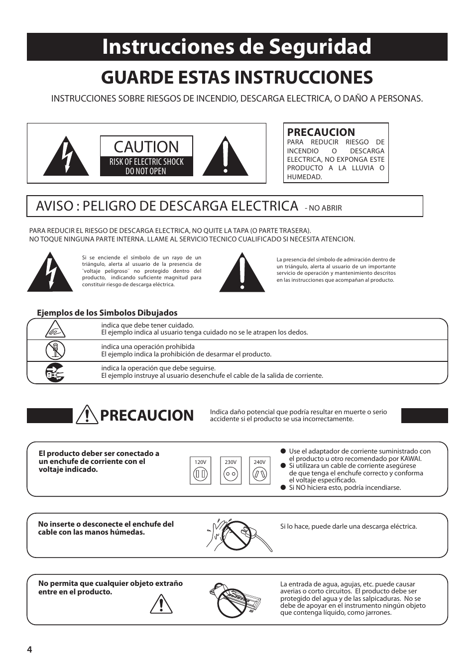 Instrucciones de seguridad, Guarde estas instrucciones, Caution | Precaucion, Aviso : peligro de descarga electrica | Kawai ES100 User Manual | Page 4 / 62