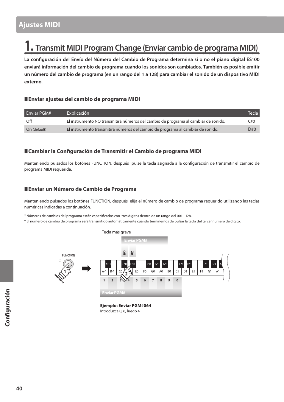 Ajustes midi, Configuración | Kawai ES100 User Manual | Page 40 / 62